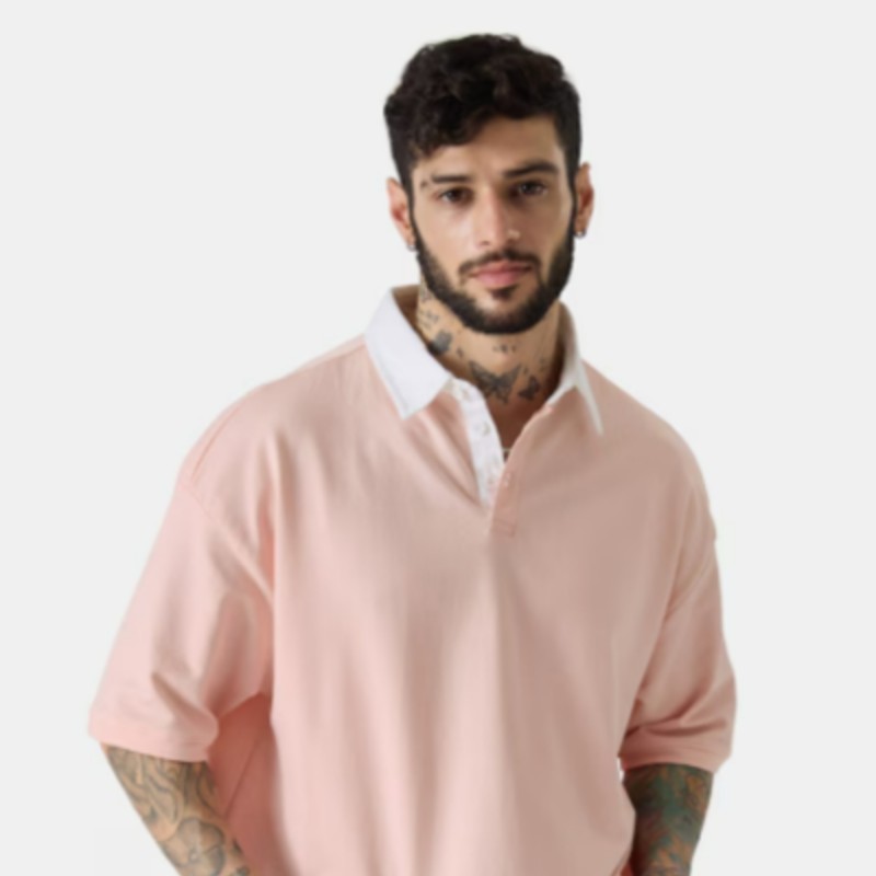 Pink Collar Drop Shoulder Sleeves Tshirt
